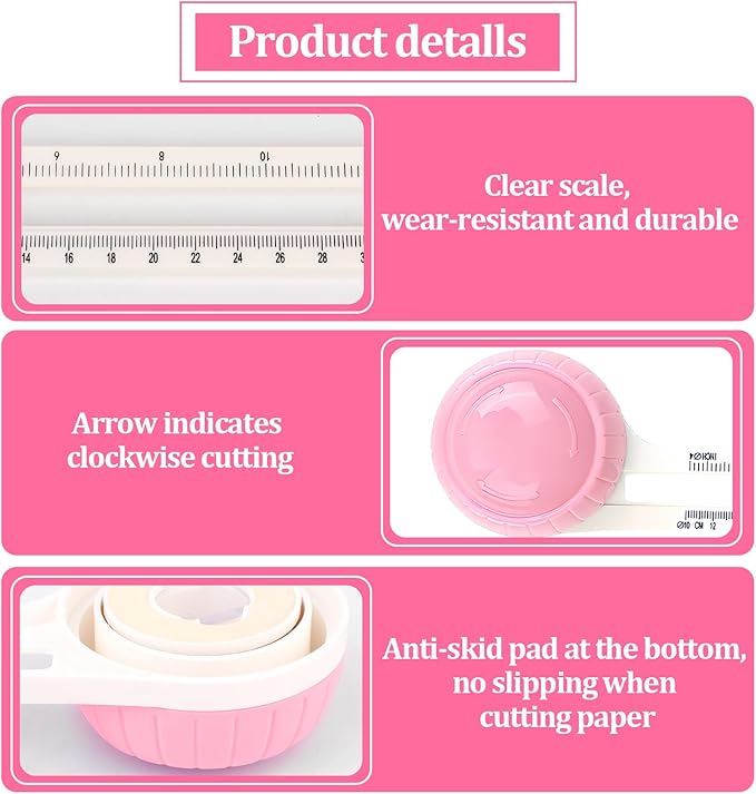 Circle Paper Cutters，Adjustable Rotary Circle Cutter，Circular Cardboard Circle Cutter with 3 Replaceable Blades, Trimmer Scrapbooking Tools，DIY Craft Cutting Tools Pink