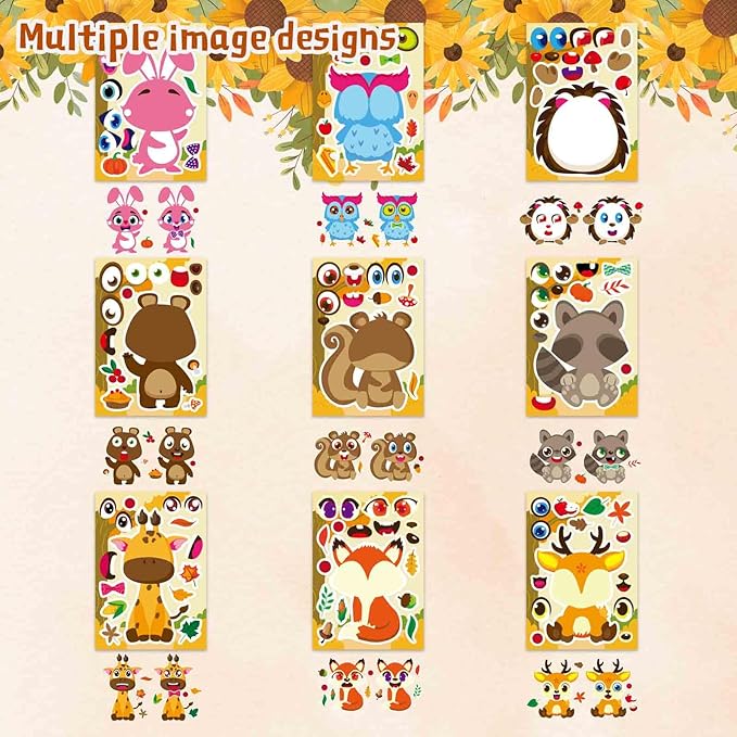 27 Sheets Fall Stickers for Kids Toddles, Make a Face Stickers, Make Your Own Autumn Animal Stickers, Fall Theme Party Supplies Crafts