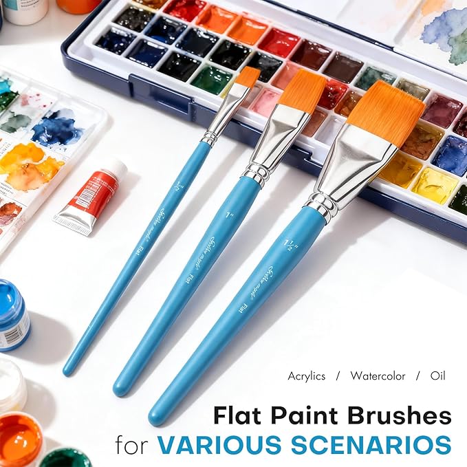 Flat Paint Brushes for Acrylic Painting, Golden Maple 18 PCS Paint Brushes for Acrylic Painting Oil Watercolor & Canvas, Incluing 3pcs 1.5inch, 5pcs 1inch, 10pcs 1 inch Flat Brushes