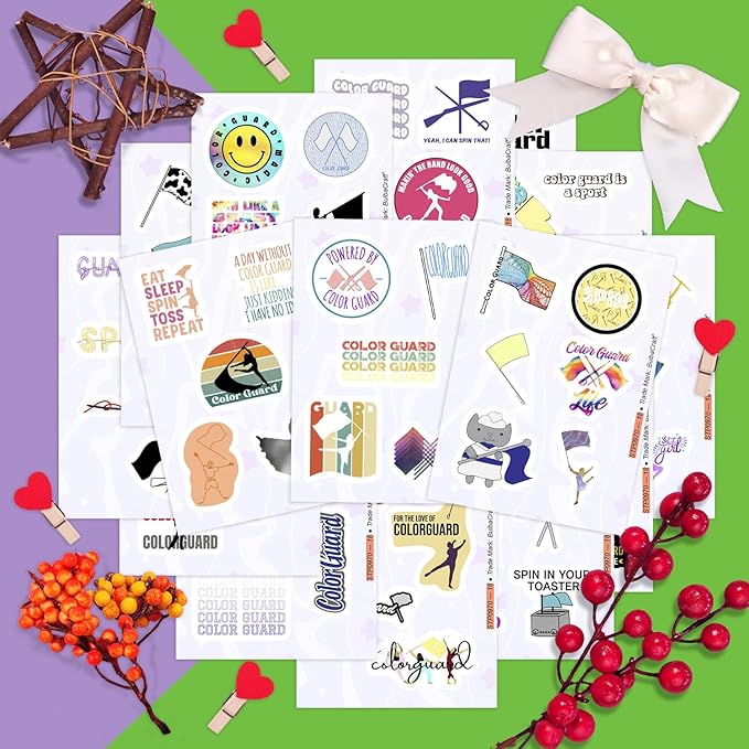 BulbaCraft 100Pcs Color Guard Stickers for Water Bottle and Laptop - Color Guard Party Supplies & Decorations, Waterproof Vinyl Decals, Marching Band and Flag Stickers, Gifts for Women & Men