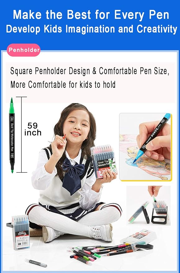 WQIYA Dual Tip Markers for Kids, Washable Markers Set, Art Marker with Stand Portable Box, Gift For Kids (36 Colours)