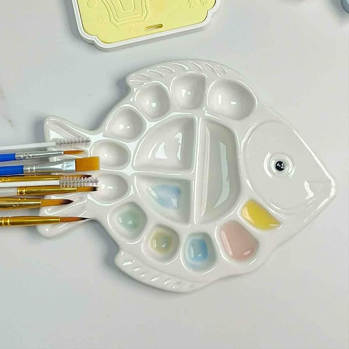 Ceramic Watercolor Palette - Whimsical Fish Design Paint Tray with Tail Brush Rest & Golden Triangle Mixing Zone, White Glazed Ceramic Artist Palette Suitable for all pigments - Painter's Gift