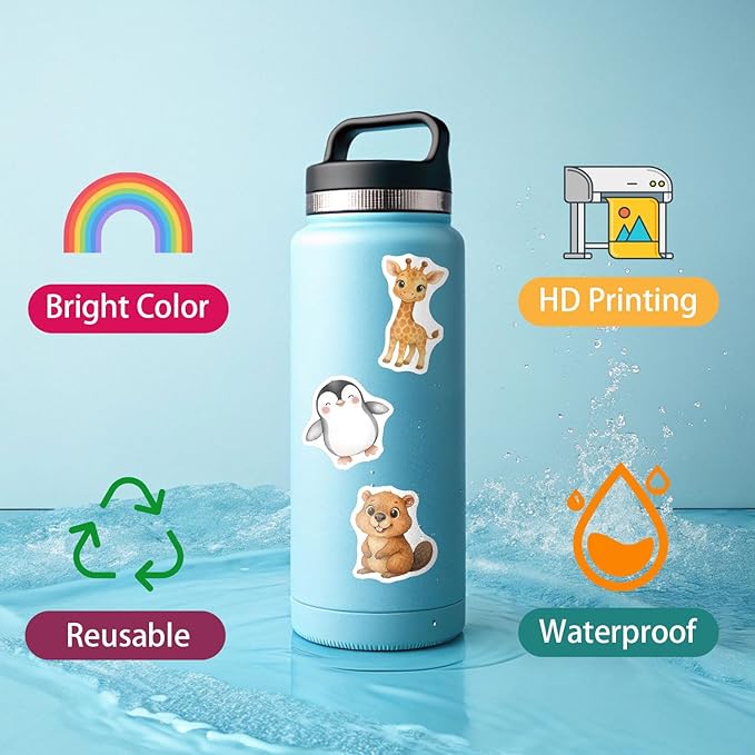 300 Pcs Cute Animal Stickers for Kids Water Bottle Teaching Reward Laptop Phone Case Scraobooking Kindle Suitcase Stationery Diary Notebook Craft, Waterproof Vinyl Stickers