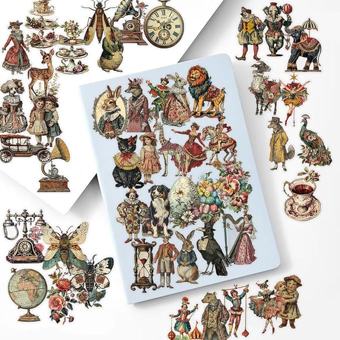 50 Pcs Vintage Victorian Ephemera Stickers – Clear Scrapbooking Supplies with Retro Animals, Flowers, Circus & Antique Objects – Aesthetic Journal Decor for Resin Crafts, Journals, Planners