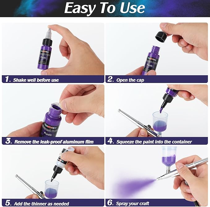 FansArriche Airbrush Paint, 44 Colors with 6 Thinners Acrylic Air Brush Paint Set, Ready to Spray Water-Based Opaque & Neon & Iridescent Acrylic Paint for Beginners, Artists, 20 ml/Bottle