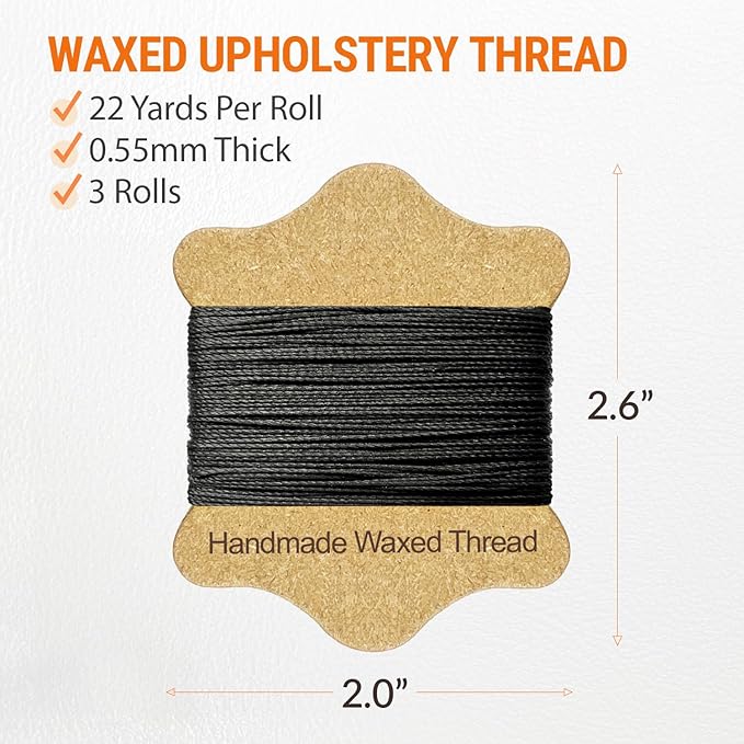 VONEEDL Upholstery Repair Kit: Waxed Sewing Thread (3 Rolls - Black Color) & Heavy Duty Needles (11 PCS) for Leather, Canvas & Quilting Thread
