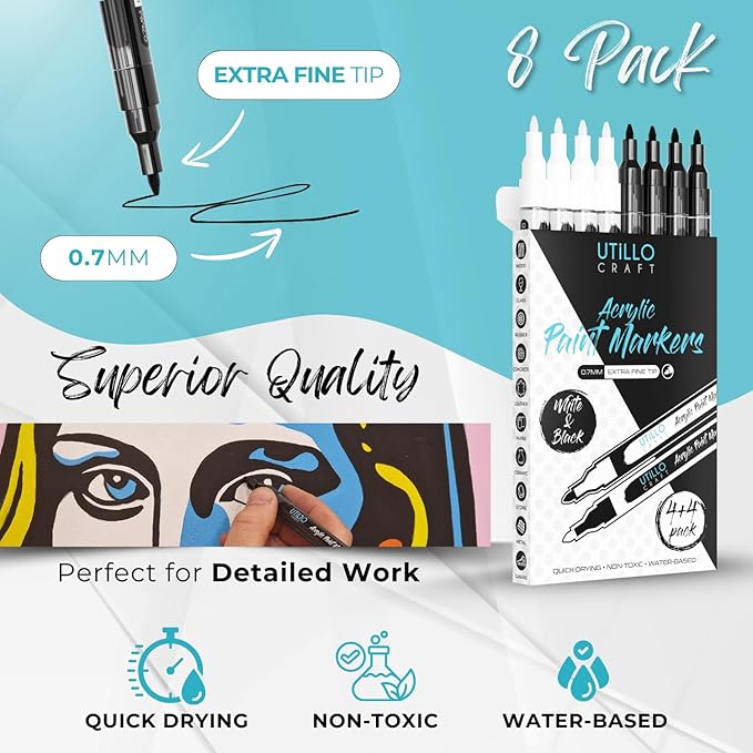 Utillo Craft White and Black Paint Pen (8-Pack) for Rock Painting, Wood, Glass, Tire, Canvas, Metal, Fabric | Extra Fine 0.7mm Tip Made in Japan | Bold Color Acrylic Paint Markers Perfect Art DIY Gift