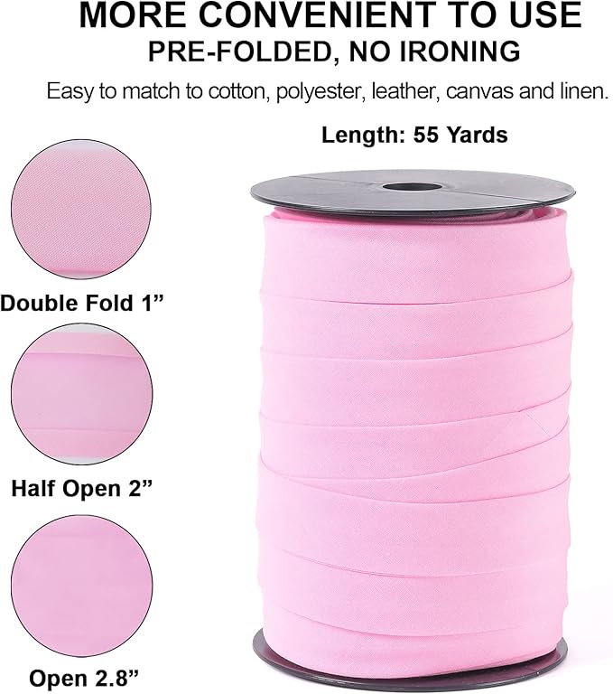 Bias Tape Double Fold 1 inch, Double Fold Bias Binding Tape 55 Yards (Pink) and 4 Pieces Sewing Fabric Chalks for Crafts, Sewing, Seaming, Hemming, Piping, Quilting.