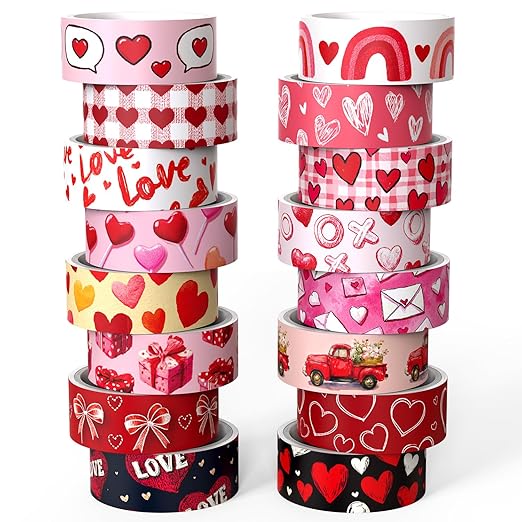Valentine's Day Washi Tape Set - 16 Rolls Pink & Red Decorative Tape for Love Letters, Journals & Gifts (0.6" x 10 ft) - Hearts, XOXO, Love, Candy, Rainbows, Love Letters