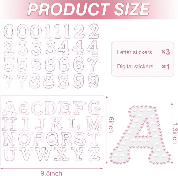 107 Pcs Pearl Letter Stickers,3 Sheets A-Z Glitter Rhinestone Letter and 1 Sheet 0-9 Pearl Number Stickers,Self Adhesive Sticky Letters for DIY Crafts Scrapbooking (White+Pink)