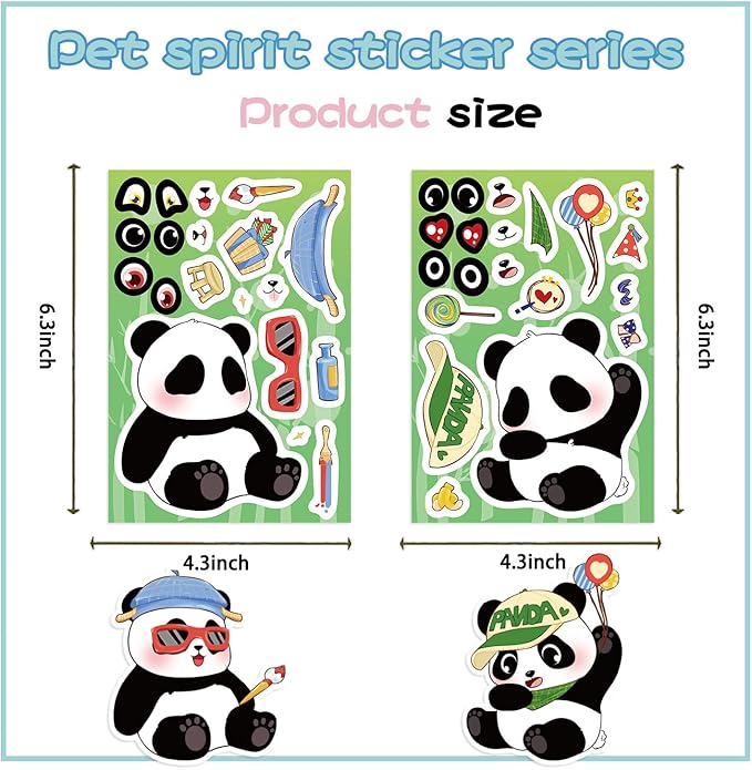 24 Sheets Panda Make a Face Stickers, Mix & Match Facial Feature Decals, Waterproof Vinyl Animal Stickers for Journaling Scrapbooking and Creative Collage