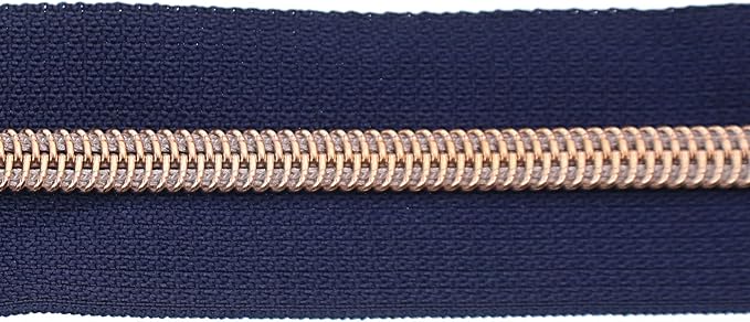 #5 Rose Gold Metallic Nylon Coil Zippers by Yard Bulk Coil Zipper Roll 10 Yards with 25pcs Silver Pull for DIY Sewing Craft Bag(Navy Blue) YIGUANXIN