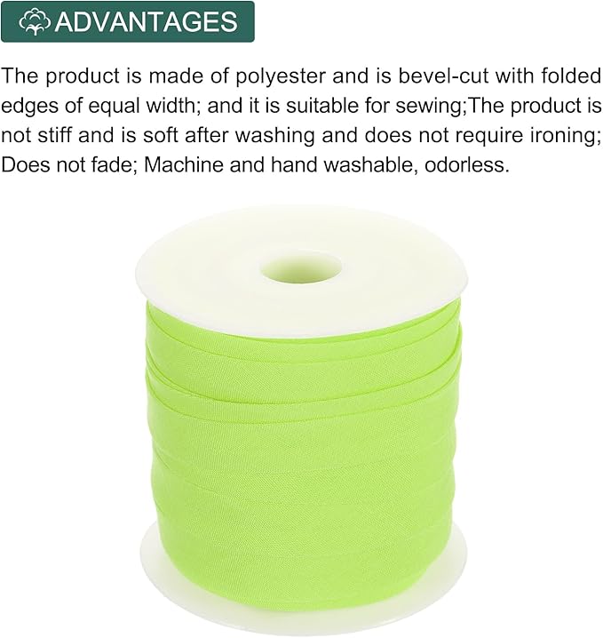 MECCANIXITY 1/2 Inch Single Fold Bias Tape Polyester Continuous Bulk Bias Tape for Sewing, Seaming Quilting Hemming Binding Crafts (Fluorescent Green 25 Yards)