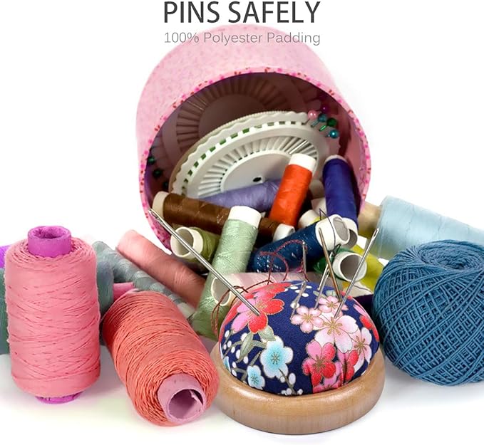 eZAKKA Pin Cushion, Wooden Base Pin Cushions for Sewing Round Pin Needle Holder for DIY Crafts (Japanese Style)