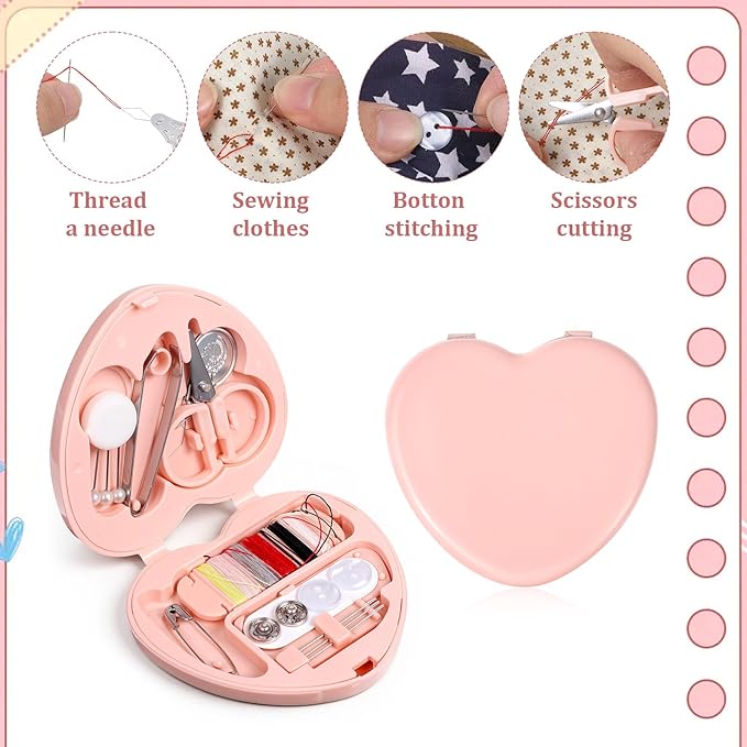 2 Pack Heart-shaped Mini Travel Sewing Kit, Folding DIY Sewing Set, Portable Pocket Sewing Supplies with Needles, Threads, Buttons, Scissors, Buttons for Women, Mom, Traveler, Adults, Beginner, Pink