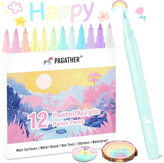 12 Colors Pastel Acrylic Markers, 0.7mm Extra Fine Tip Soft Paint Pens for Crafts, Adult Coloring, and DIY Projects on Paper, Wood, Rock, Glass and Fabric