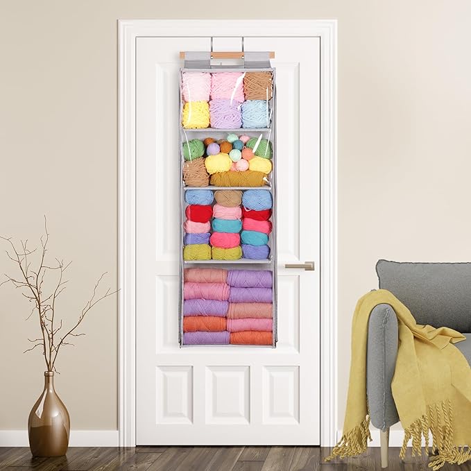Yarn Storage Organizer with 4 Large Pockets, Clear Yarn Organizer and Storage with Zippers for Crochet Lovers, Hanging Yarn Storage with Over-Door Hooks for Knitting Needles Crochet Hooks