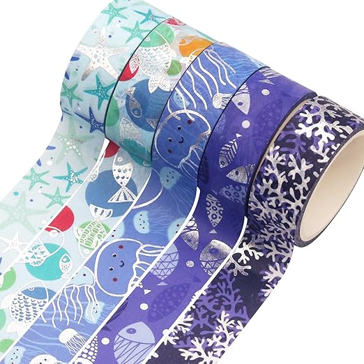 YUBX Ocean Blue Washi Tape Set 10 Rolls Silver Foil Print Decorative Masking Tapes for Arts, DIY Crafts, Journals, Planners, Scrapbook, Wrapping (Navy Silver)
