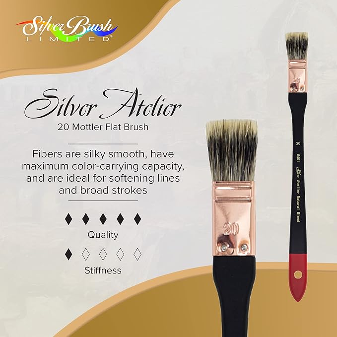 Silver Brush Limited 5401-20 Silver Atelier Flat Mottler Paintbrush for Oil, Acrylic, Watercolor, Gesso and Grounds, Varnish and Top Coat, Size 20, Xtra Long Handle