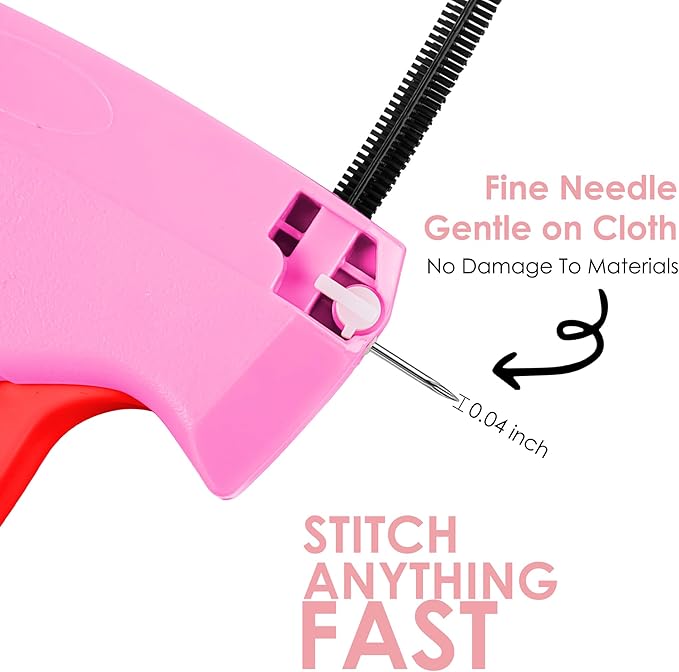 Stitch Gun for Clothes - Handheld Stitch Tag Gun Quick Clothing Fixer - Mini Sewing Kit Micro Tagging Gun - Includes 6 Needle, 1000 Black Fasteners & 1000 White Fasteners (Pink-Red)
