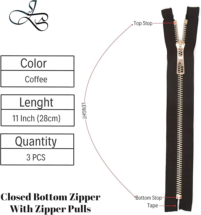 #5 Gold Metal Zipper - 50+ Colors - 3 PCS - (4-14 inches) Sizes - Luxury Lightweight Handcraft Metal Zippers with pulls for Purses Bags Pockets Shoes Sewing & Crafts DIY ZP025011