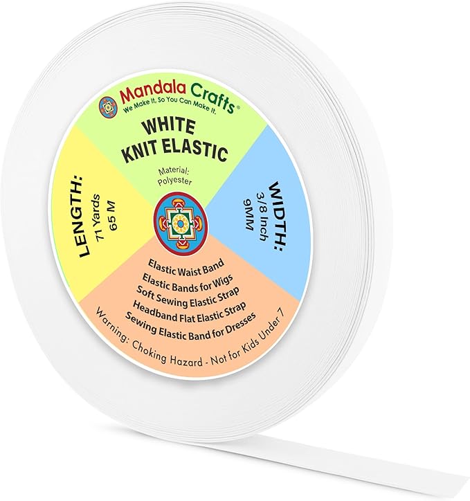 Mandala Crafts Wide 3/8 Inch White Elastic Bands Spool for Pants Waistbands Sewing and DIY Crafts, 71 YD Stretchy Flat Fabric Strap Knit Elastic Band for Wig