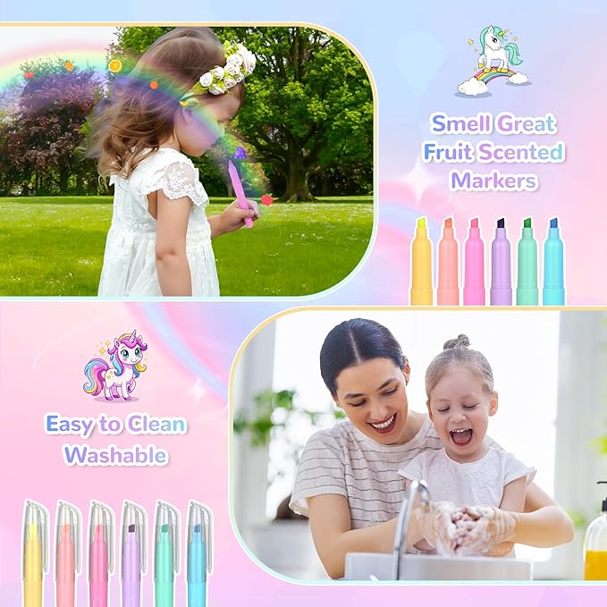 Washable Scented Markers Set for Kids - Unicorn Coloring Art Supplies Set for Kids Ages 4-8 Birthday Gifts for 4-8 Year Old Girls Unicorn Pencil Case 54 PCS