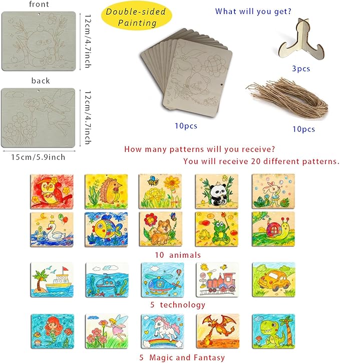 YvSuZeBuDa10pcs Wood Ornaments for Crafts 5.9x4.7in Wooden Ornaments for Crafts with Double-Sided Designs - Safe Rounded Corners,Hang or Display with Stand - Unfinished Wood for Kids Ages 4-8