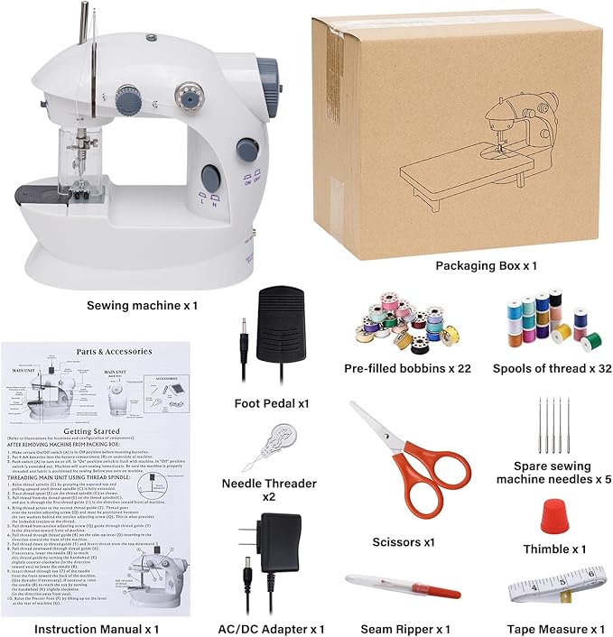 Sewing Machine for Beginners with Expansion Table Foot Pedal 42Pcs Sewing kit Finger Guard & Light Mini Small Portable Sewing Machines 2-Thread 2-Speed 2-Switches for Kids Ages 8-12 White and Grey