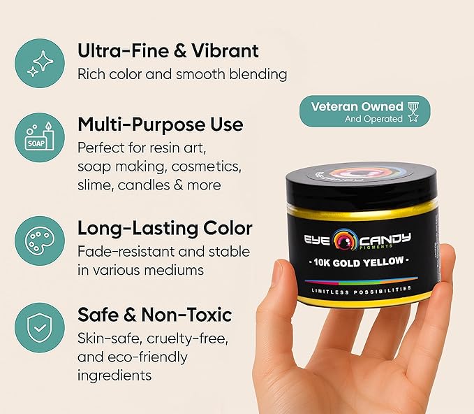 Eye Candy Pigments Premium Gold Mica Powder - 10k Gold (50gr) - for Epoxy, Resin, Soap, Paint, Woodworking, Acrylic Pouring, Bath Bombs, Fishing Lures - DIY Arts and Crafts Additive