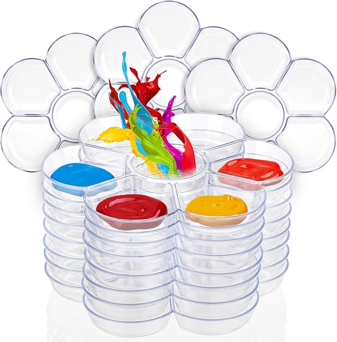 Foraineam 30 Pack Plastic Paint Tray Palettes, 7 Well Flower Petal Painting Dish Watercolor Mixing Palette, Artist Clear Paint Holder Tray Craft Supplies for Oil Acrylic Watercolor Gouache