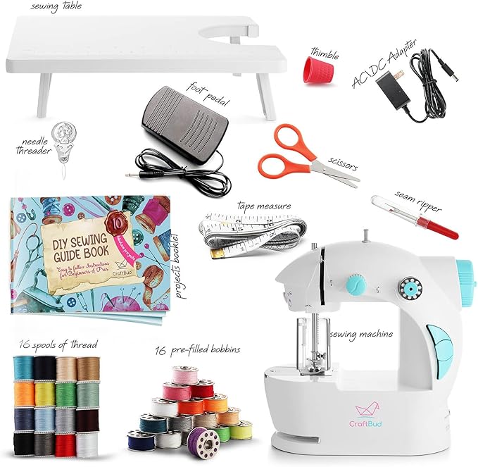 CraftBud Mini Sewing Machine for Beginners, Dual Speed Small Portable Sewing Machine for Kids and Adults with Extension Table, 48 Piece Gift Set Includes, Pedal, Projects Book, Light and More, White