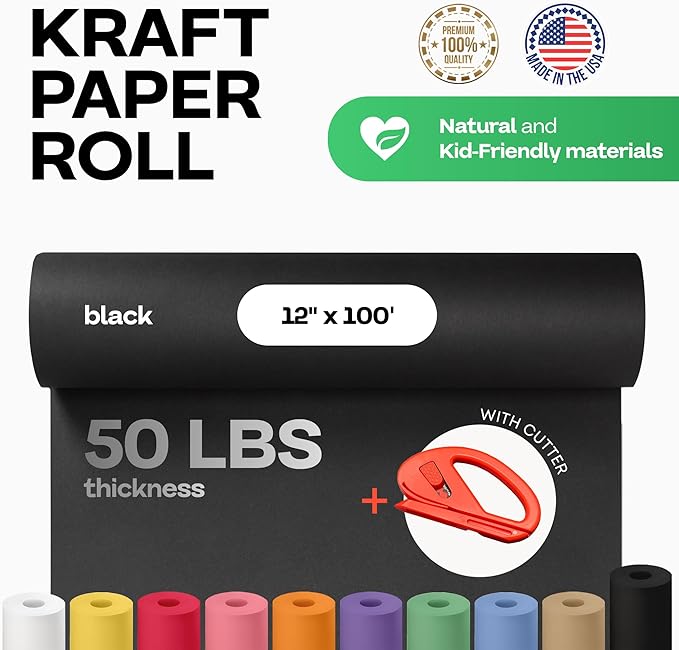 Black Kraft Paper Roll 12" x 1200" (100 feet) with Cutter - USA-Made Wrapping Paper for Packing, Moving, Shipping & Crafts/Arts - 100% Recyclable Natural Craft Material by IDL Packaging
