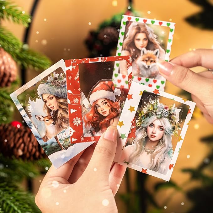 Christmas Polaroid PET Stickers, 90 Snow Country Character and Frame Designs for Scrapbooking, Journaling, DIY Crafts, and Holiday Decor