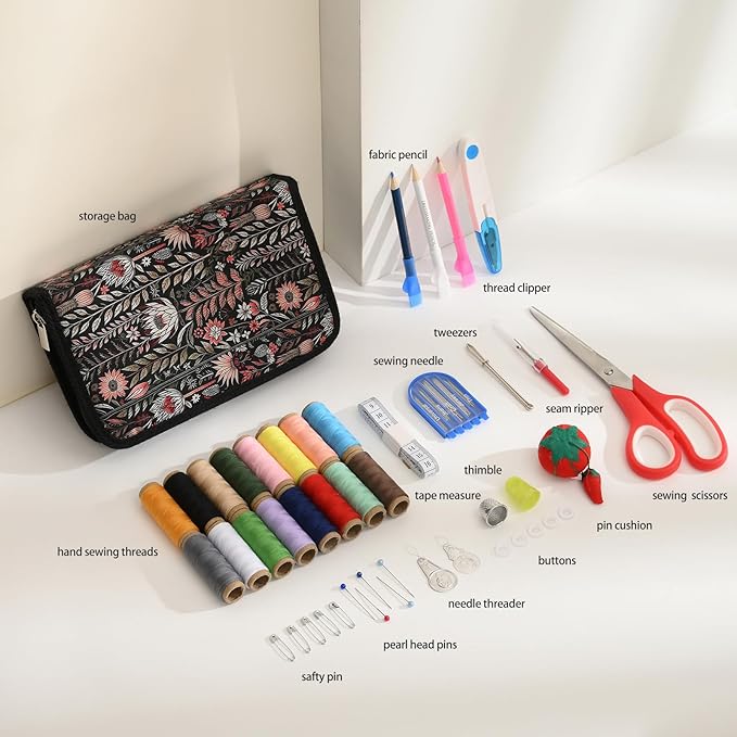 Sewing Kit for Adults, Needle and Thread Kit for Sewing, Sewing Supplies Accessories with Tailor Scissors, Sewing Thread, Needles and More for Home Travel and Emergency (Black - Large)