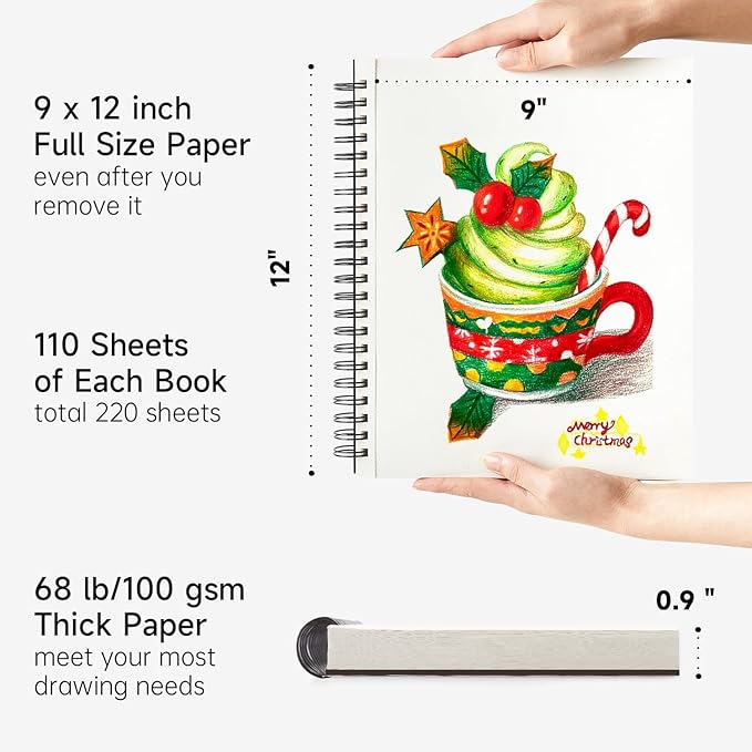 Shuttle Art 9x12” Sketchbook, 220 Sheets Total, Pack of 2(110 Sheets Each), 68lb/100gsm Thick Paper, Spiral Bound Mixedmedia Sketch Pad, Acid-free Drawing Pad for Kids Adults Artists Sketching Drawing