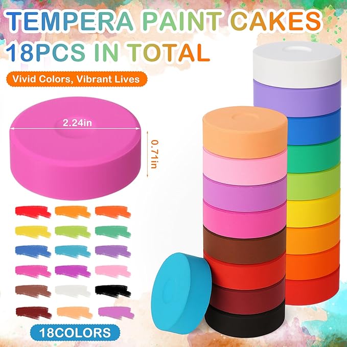 Nuanchu 18 Pcs Tempera Paint Cakes 18 Colors Large Washable Cake Paint 2.24 x 0.71inch Paints Blocks Art Supplies for Classroom Art Painting Drawing