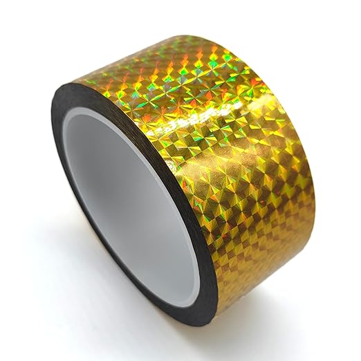 Reflective Crafting Tape, Graphic Glitter Holographic Prism Tape, for Craft Project, DIY Art, Holiday Packing, Wrapping, Keep Birds Away, 1.8 Inches by 55 Yards (Holographic-Gold)