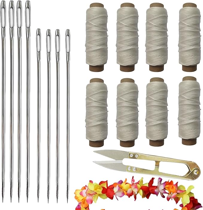 17 Pcs Lei Needle Kit Include 8 Pcs Stainless Steel Long Needle 8 Rolls Lei Needle Twine 1 Sewing Scissors 4.1inch for DIY Graduation Hawaiian Malay Flower Lei Craft Making