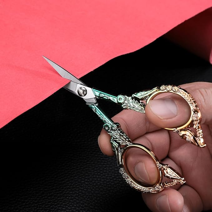 Embroidery Scissors, Sharp Pointed Sewing Scissors for Craft Cross Stitch Needlework Artwork Knitting Threading Small DIY Tools, 4.6in Gold Green Cute Bird