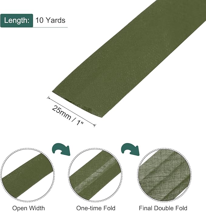 MECCANIXITY 1 Inch Double Fold Bias Tape Polyester Continuous Bulk Bias Tape for Sewing,Seaming Quilting Hemming Binding Crafts (Dark Green 10 Yards)