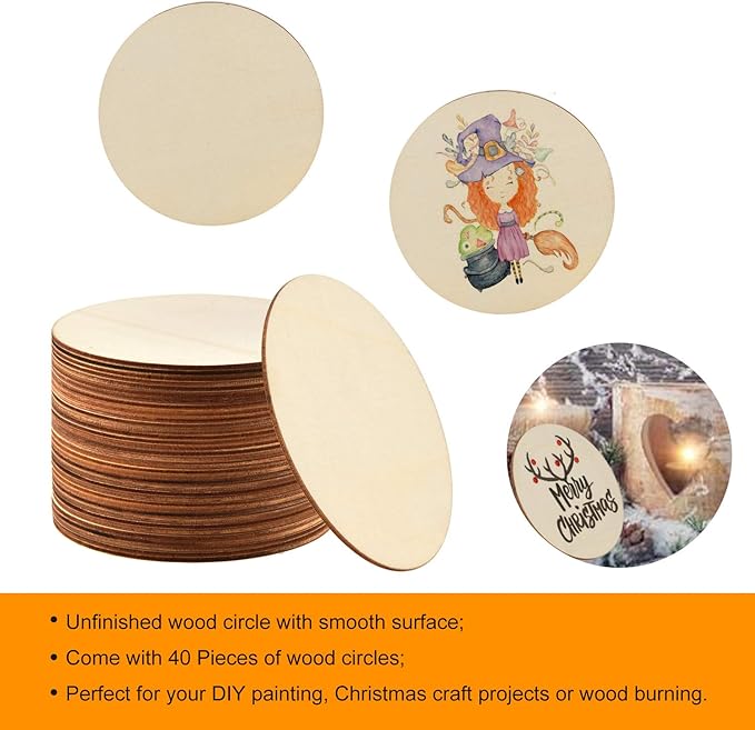 Coopay 6 Inch Wooden Circles, Unfinished Round Wood Slices Natural Wooden Cutouts for Door Hanger, Painting, Wedding, Home Decoration DIY Wood Craft Supplies, 40 Pieces