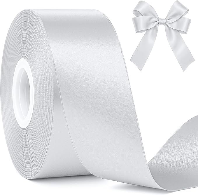 Fullive Silver Ribbon, 1 1/2 Inch 30 Yards Silver Ribbon for Flower Bouquet, Polyester Solid Christmas Tree Ribbons for Birthday Christmas Decorations DIY Bows Wrapping Bouquet Floral Arrangements