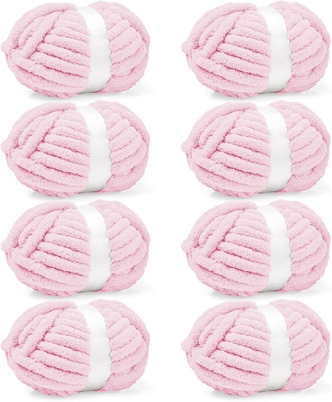 inhand 8 Pack Chunky Chenille Yarn for Crocheting– 30.6 Yards, 7.7oz, Super Bulky, Soft Fluffy Plush Yarn for Hand or Arm Knitting– Ideal for Blankets, Crafts & DIY Projects (Light Pink)