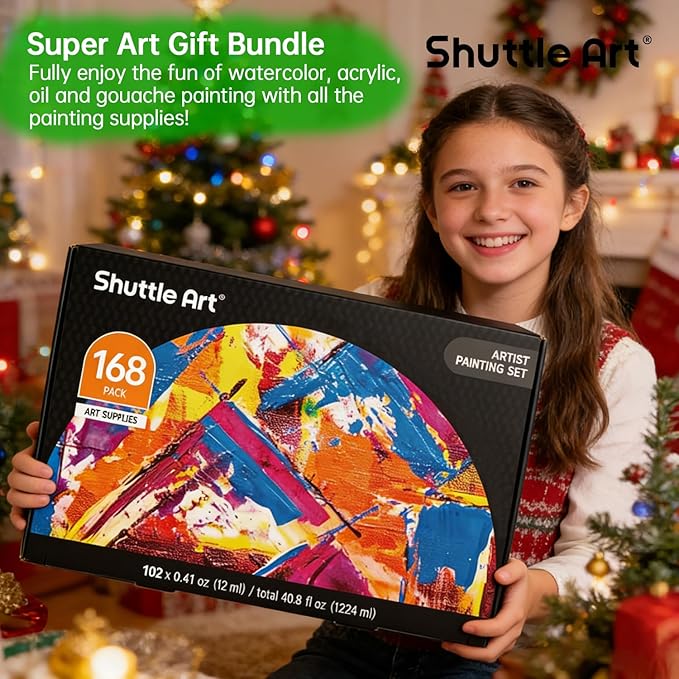 Shuttle Art 168 Pcs Artist Painting Kit, Deluxe Art Kit with Paint, Wooden Easel, Canvases, Paper Pads, Brushes and Other Art Supplies for Adults, Kids and Artists