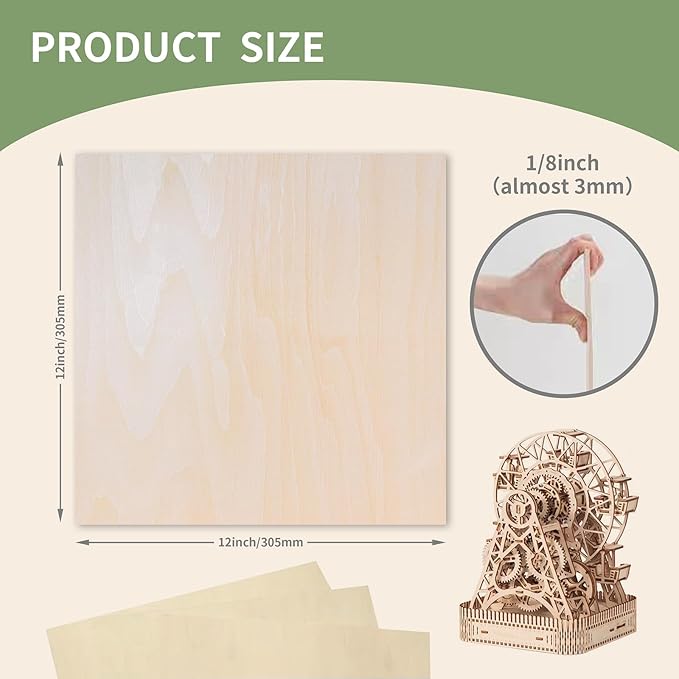 Basswood Sheets 12"x12"x1/8", 3mm Basswood for Laser Cutting, Thin Plywood Board Unfinished Wood for Crafts, DIY Architectural Models Making, Wooden Engraving, Burning Product. (12)