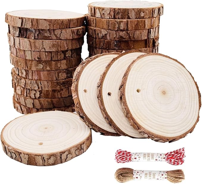 Unfinished Natural Wood Slices 25 Pcs 3.1-3.5 inch Wood Coaster Pieces Craft Wood kit Predrilled with Hole Wooden Circles Great for Arts and Crafts Christmas Ornaments DIY Crafts Rustic Wedding