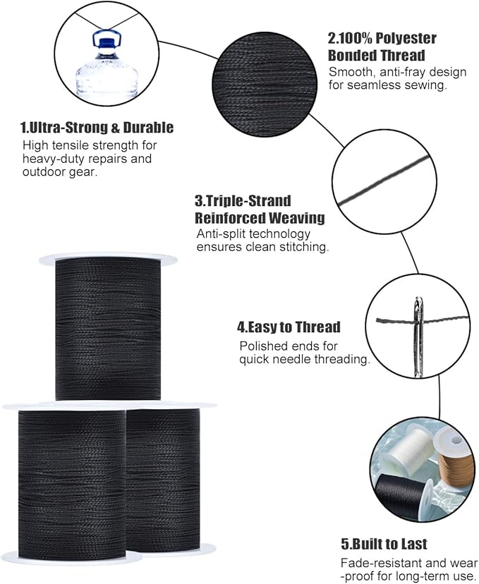 Extra Strong Upholstery Thread Repair Sewing Kit,Polyester Thread for Sewing with 7 Size Sewing Needles for Furniture,Leather&Canvas Stitching,70m/Spool,Black