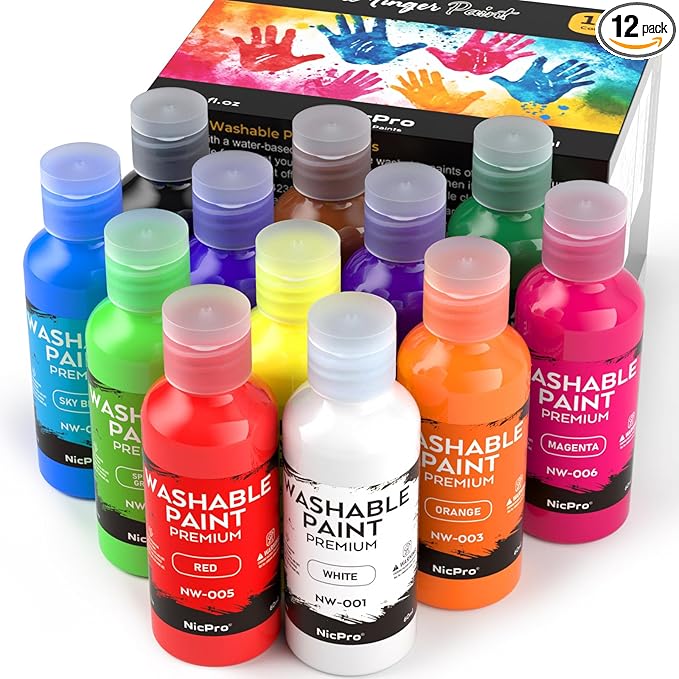 Nicpro 12 Colors Washable Finger Paint Set for Toddlers (2 oz), Non-Toxic & Baby Safe Paint for Hand and Feet, Mess Free Finger Painting Art Supplies for Kids Age 1-3 4 5 6+, Preschool Learning Gifts