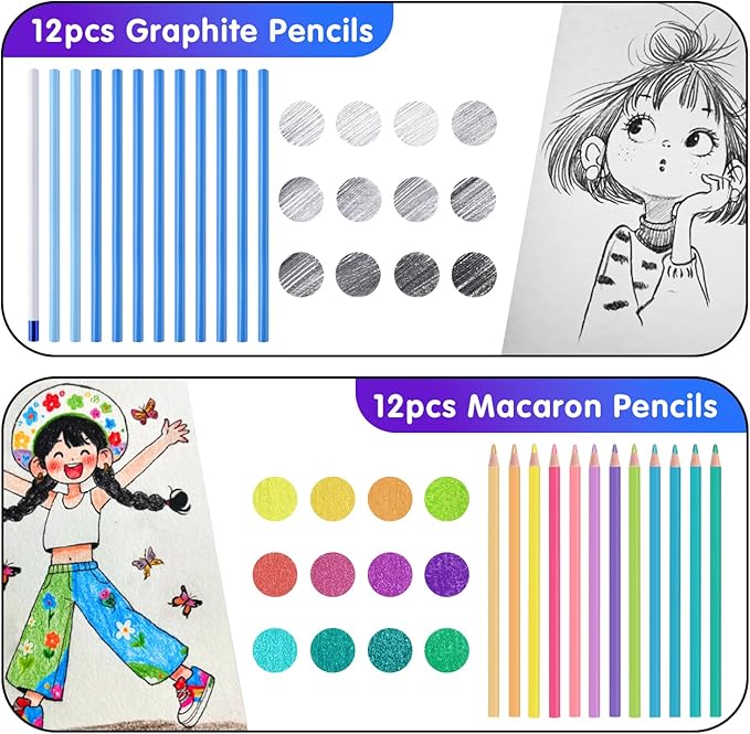 Mifuner Professional Drawing Set, 12 Colored Pencils & 12 Graphite Pencils with Eraser & Case, Art Supplies for Sketching Shading Blending, Gifts for Artists Adults Beginners.Macaron Black